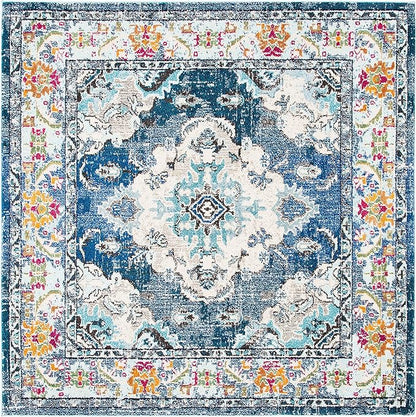SAFAVIEH Monaco Collection Area Rug - 6'7" Square, Navy & Light Blue, Boho Chic Medallion Distressed Design, Non-Shedding & Easy Care, Ideal for High Traffic Areas in Living Room, Bedroom (MNC243N)