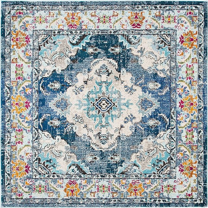 SAFAVIEH Monaco Collection Area Rug - 11' Square, Navy & Light Blue, Boho Chic Medallion Distressed Design, Non-Shedding & Easy Care, Ideal for High Traffic Areas in Living Room, Bedroom (MNC243N)