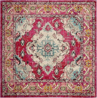 SAFAVIEH Monaco Collection Area Rug - 4' Square, Pink & Multi, Boho Chic Medallion Distressed Design, Non-Shedding & Easy Care, Ideal for High Traffic Areas in Living Room, Bedroom (MNC243D)